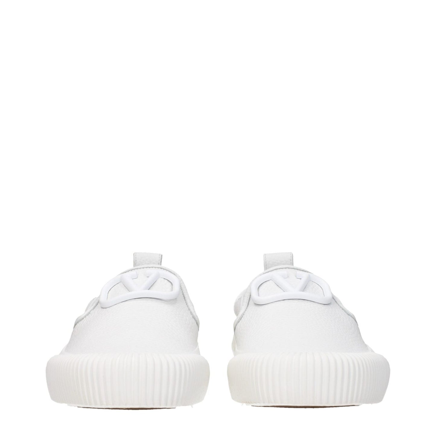 Valentino Garavani White Leather Slip-On Loafers with rubber sole, front and back logo, round toe, low flat heel, casual style shoe.