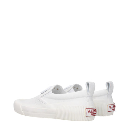 Valentino Garavani White Leather Slip-On Loafers with logos, casual style, round toe, rubber sole, low heel.