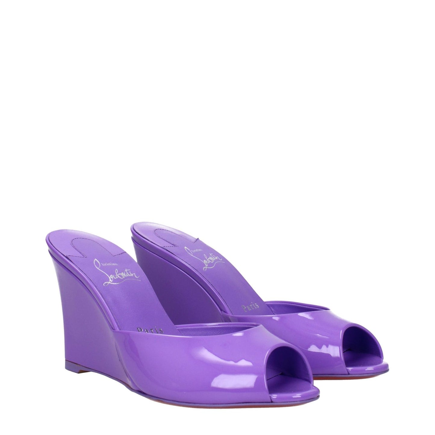 Christian Louboutin Purple Leather Wedge Sandals with patent finish and open toe, featuring a 9.5 cm wedge heel, MPN 3230054L300.