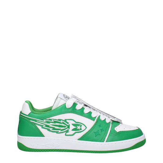 Enterprise Japan Green Leather Low Top Sneakers with white accents and rubber sole, featuring a front logo and lace-up closure.