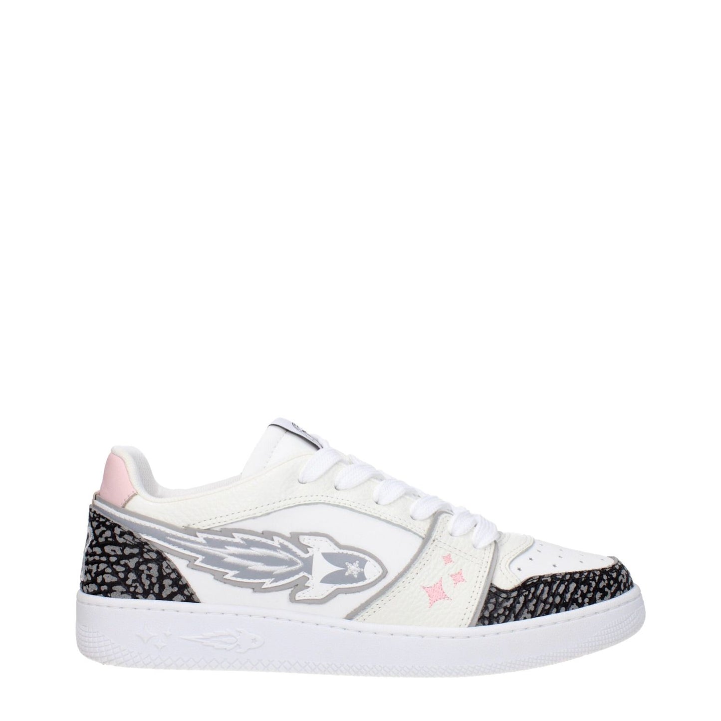 Enterprise Japan White Leather Athletic Sneakers with grey details, lace-up closure, rubber sole, and round toe.