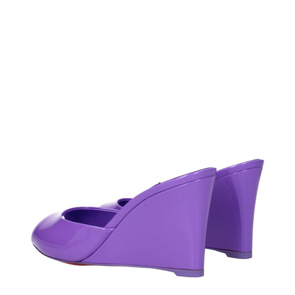 Christian Louboutin Purple Leather Wedge Sandals, violet patent leather with 9.5 cm wedge heel, open toe design, side view.