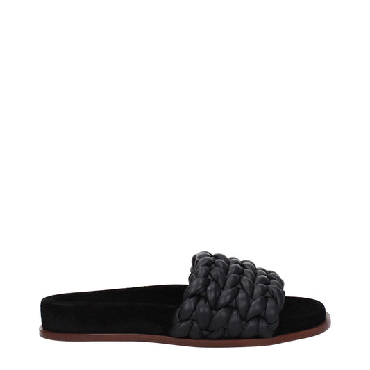 Chloé Black Leather Slippers with open toe design, low flat heel, and woven strap. Casual style, leather sole. MPN CHC22S557X6001.