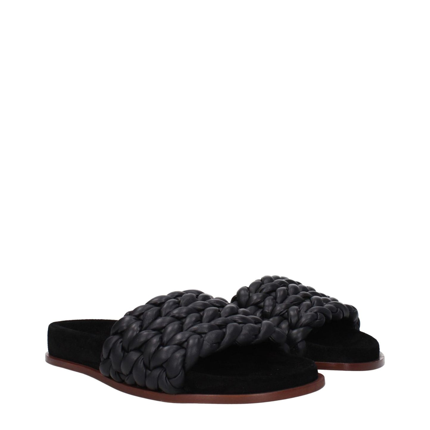 Chloé Black Leather Slippers with open toe design and low flat heel, featuring a stylish braided pattern.