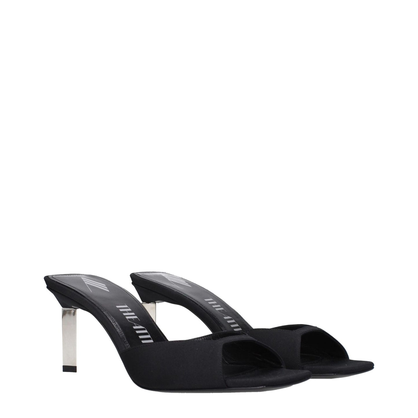 The Attico Black Satin Stiletto Heel Sandals with leather sole, open toe, and mid heels. MPN: S774V015100, style: casual, heel height: 7.5 cm.