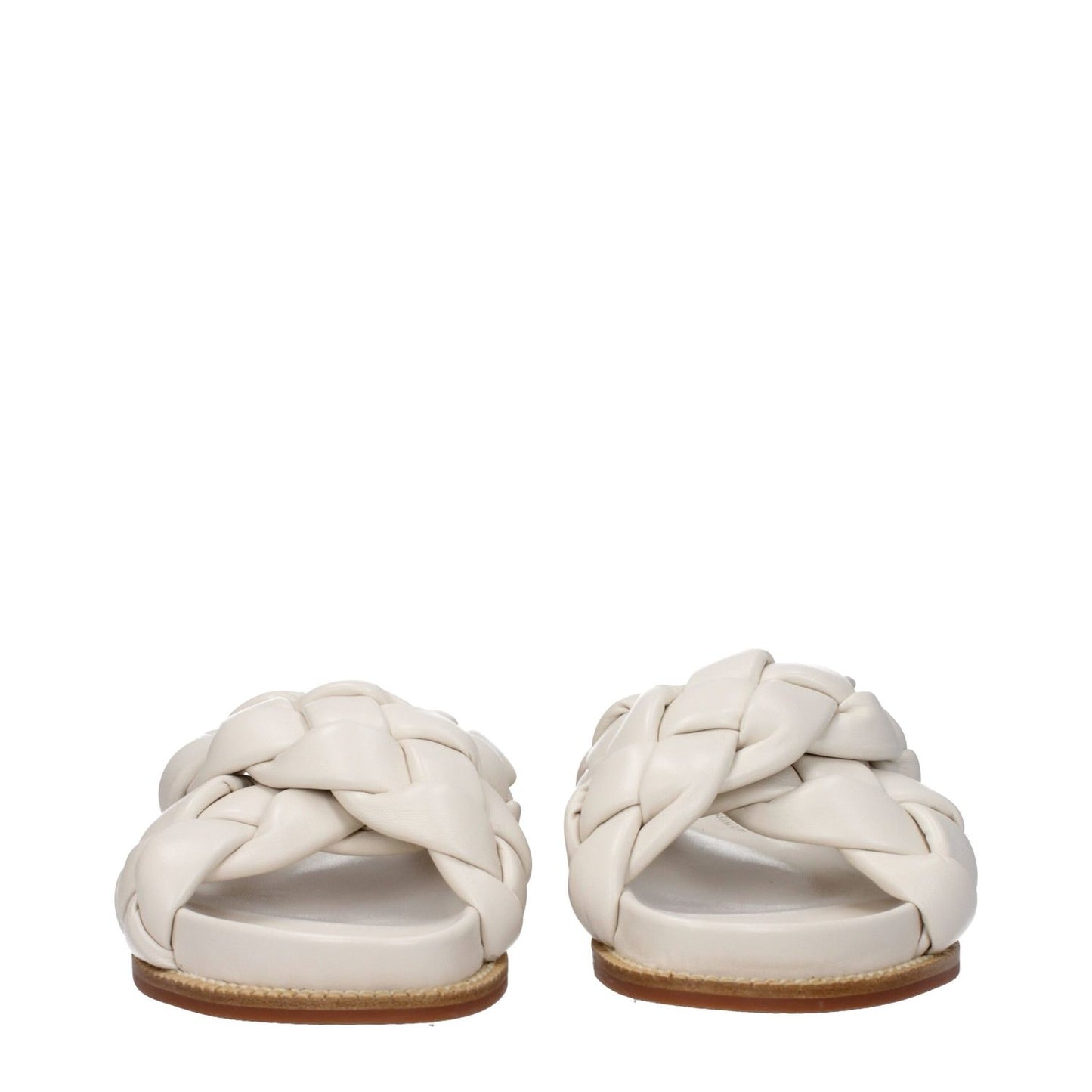 Fabiana Filippi Beige Leather Slippers with open toe and braided design, featuring a casual style and rubber sole for women.
