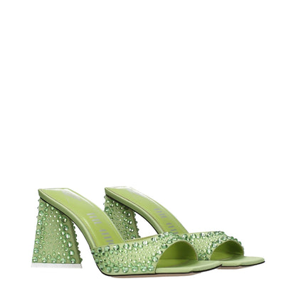 The Attico Green Satin Stiletto Heel Sandals with rhinestones and 8.5 cm heels, open toe design, and leather sole.