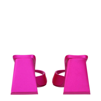 Rear view of The Attico Pink Satin Stiletto Heel Sandals with open toe design, mid heels, and leather sole.