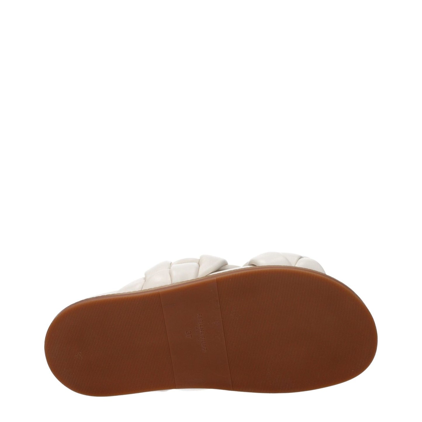 Bottom view of Fabiana Filippi Beige Leather Slippers with rubber sole, open toe, low flat heel, and ivory detailing.
