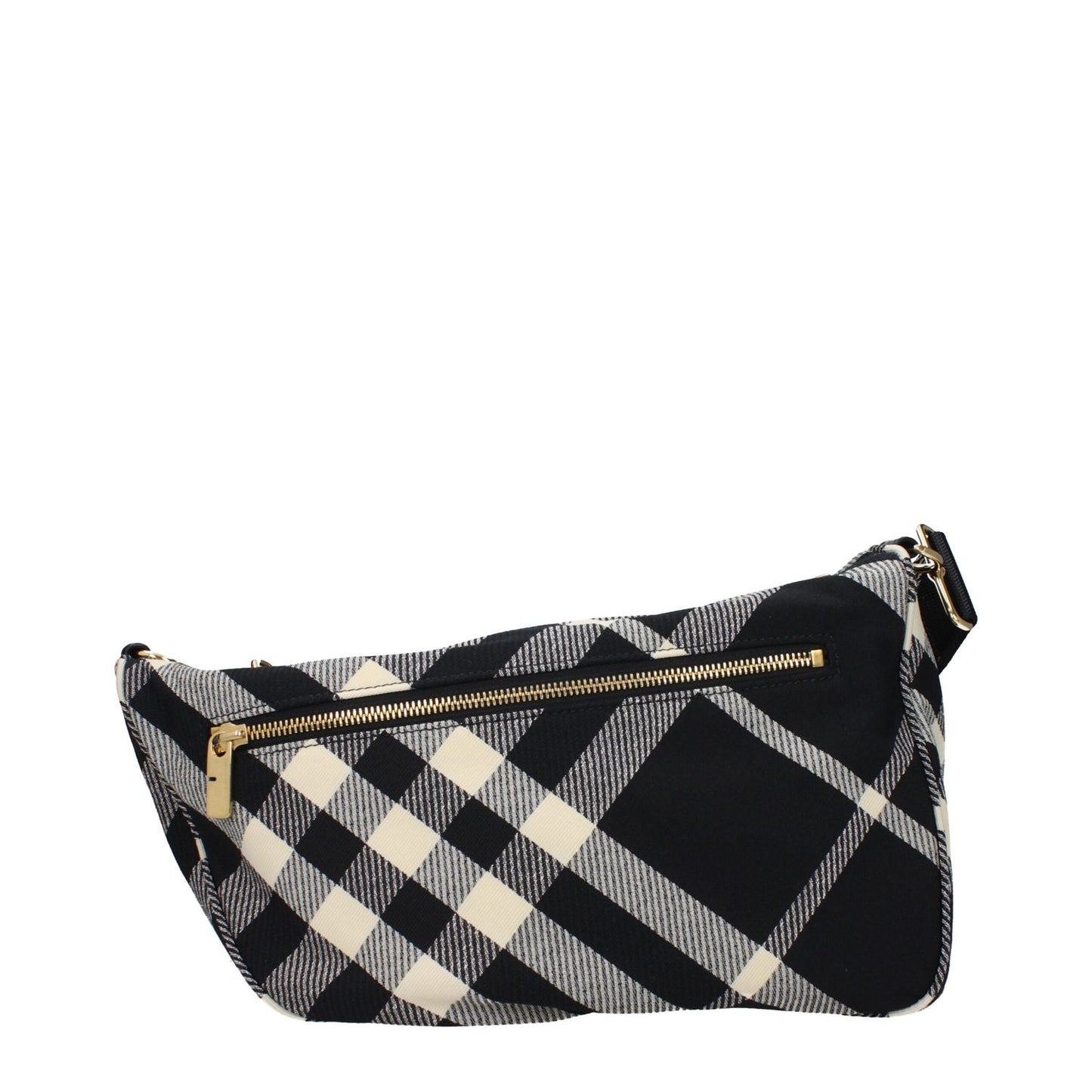 Burberry Black Fabric Crossbody Bag with check print, featuring adjustable shoulder strap and zip closure, medium size.