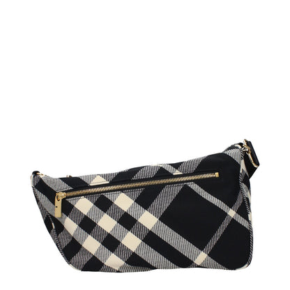 Burberry Black Fabric Crossbody Bag with check print, featuring adjustable shoulder strap and zip closure, medium size.