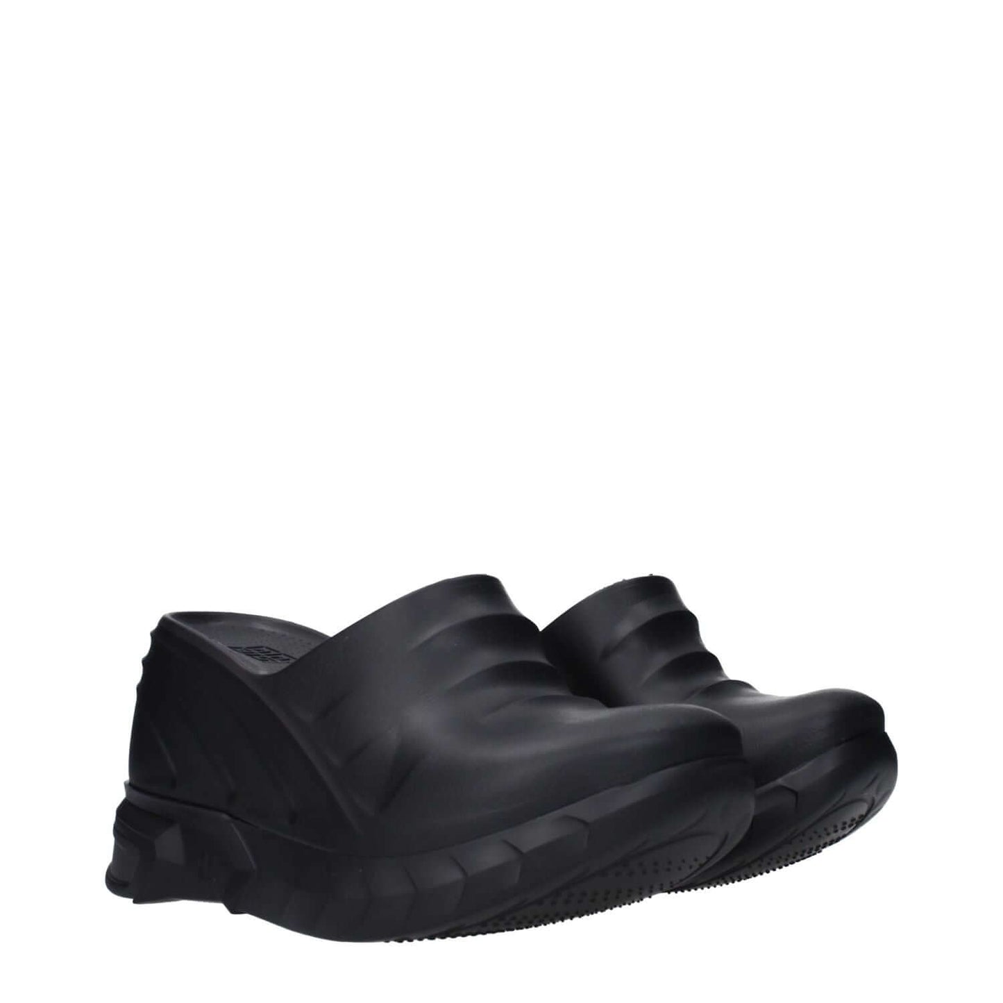 Givenchy Black Cotton Slippers with side and back logo, rubber sole, wedge heel, and round toe design for casual style.