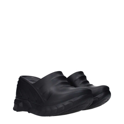 Givenchy Black Cotton Slippers with side and back logo, rubber sole, wedge heel, and round toe design for casual style.