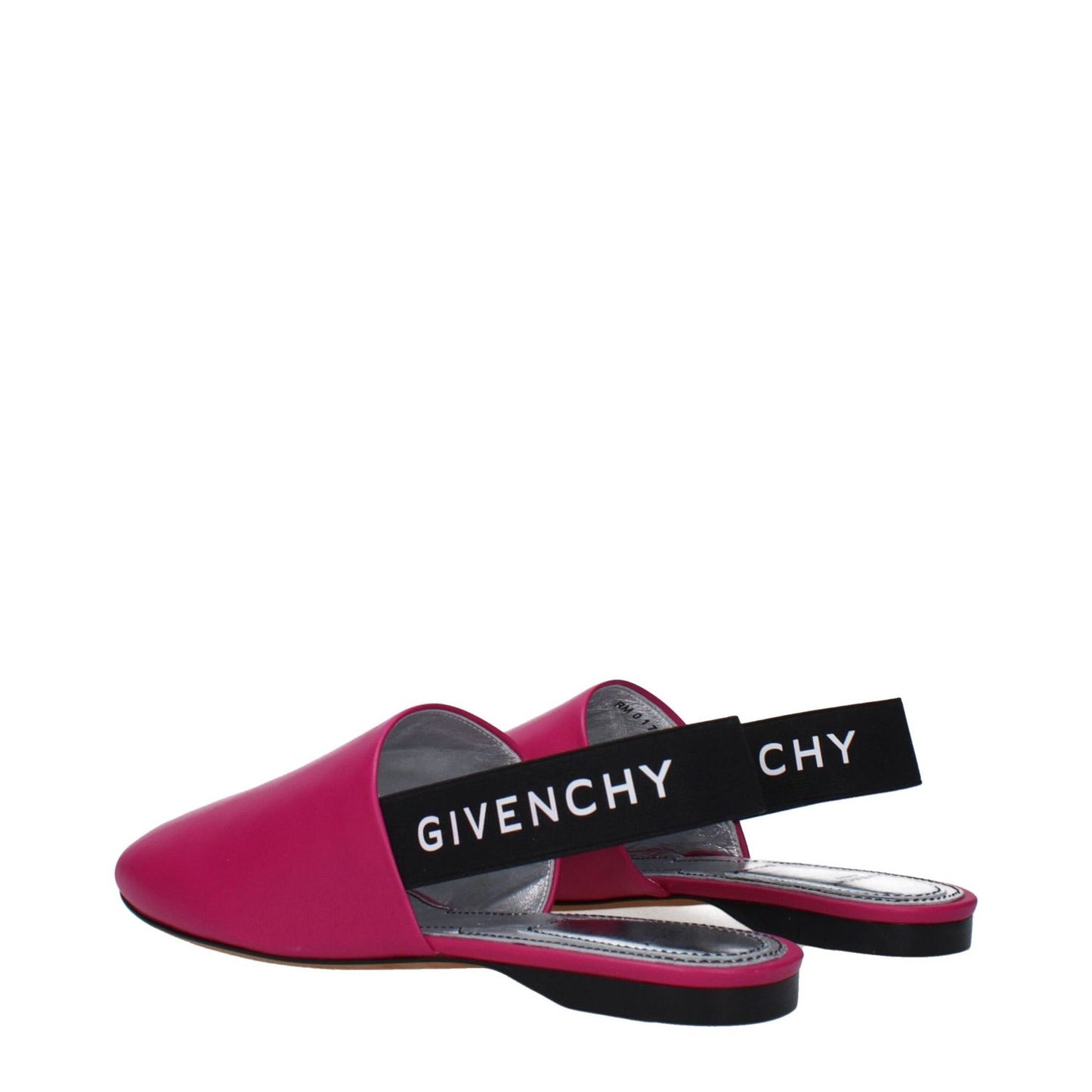 Givenchy Pink Leather Flat Sandals featuring fuchsia leather, side logo, round toe, black sole, and low flat heel.