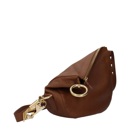 Burberry Brown Leather Crossbody Bag with gold hardware, adjustable and removable strap, shown at an angle. Medium size, zip closure.