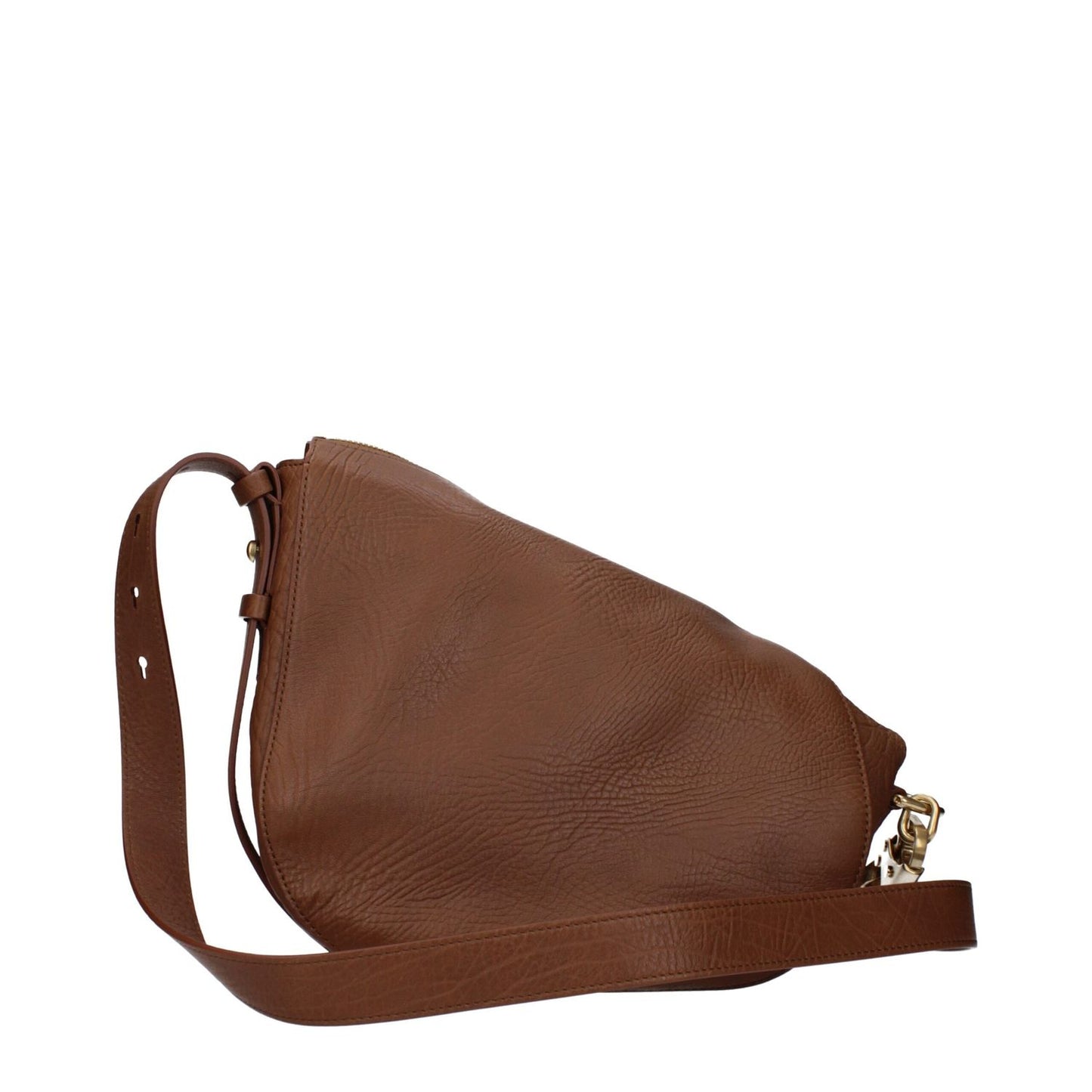 Burberry Brown Leather Crossbody Bag with adjustable strap, side view showing hazelnut and brown tones, zip closure.