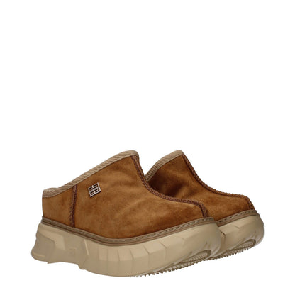 Givenchy Brown Leather Slippers in suede with side and back logo, round toe, rubber sole, mid heels, casual style.