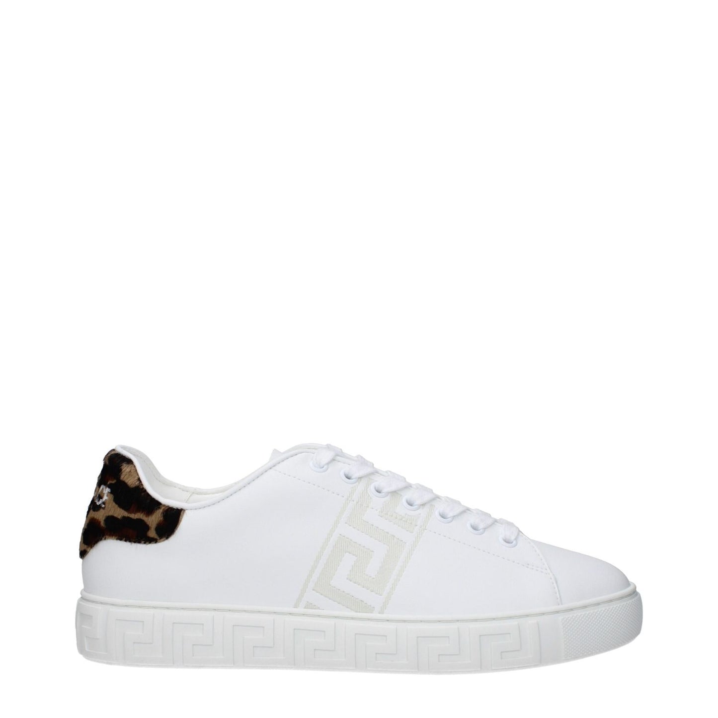 Alt Tag: Versace White Leather Low Top Sneakers with animal print detail and lace-up closure.