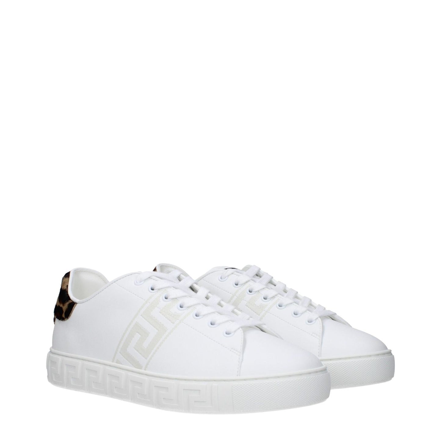 Versace White Leather Low Top Sneakers with logos and lace-up closure, featuring rubber sole and round toe design.