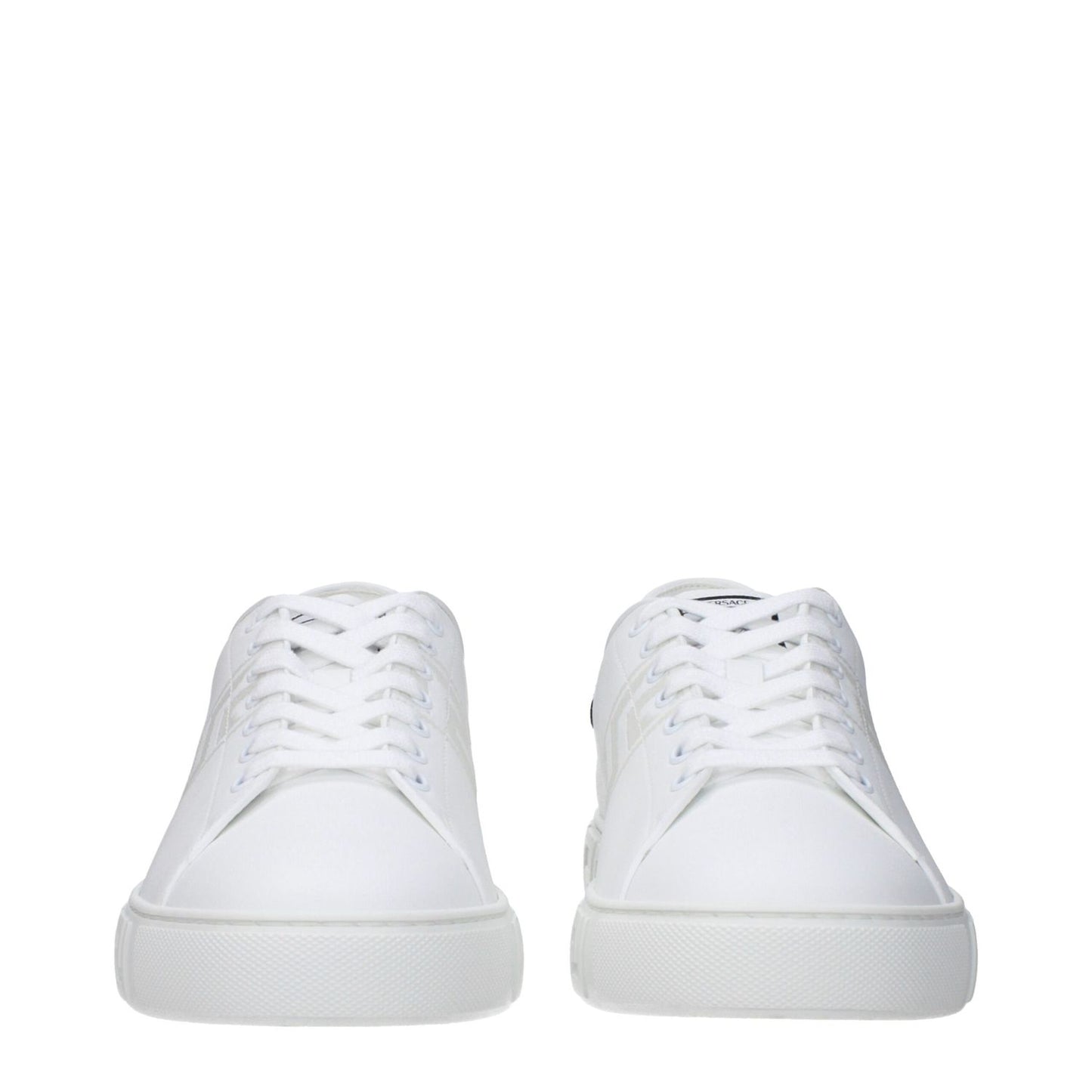 Versace White Leather Low Top Sneakers with lace-up closure, featuring front, side, and back logo. Made from leather with a rubber sole.