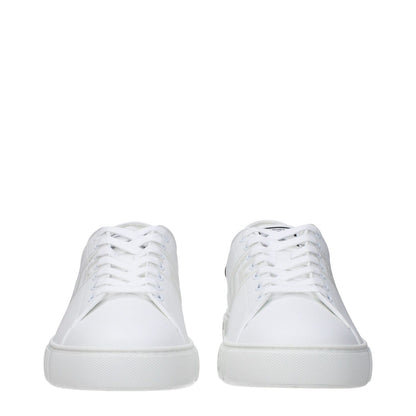 Versace White Leather Low Top Sneakers with lace-up closure, featuring front, side, and back logo. Made from leather with a rubber sole.