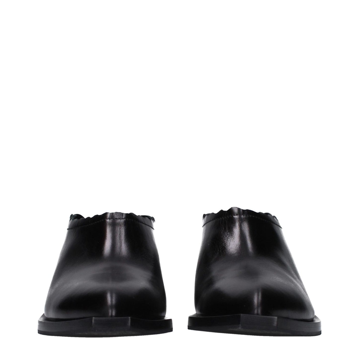 Moschino Black Leather Mules with pointy toe, mid heels, and rubber sole, designed by Moschino. Casual style with 3.5 cm heel height.