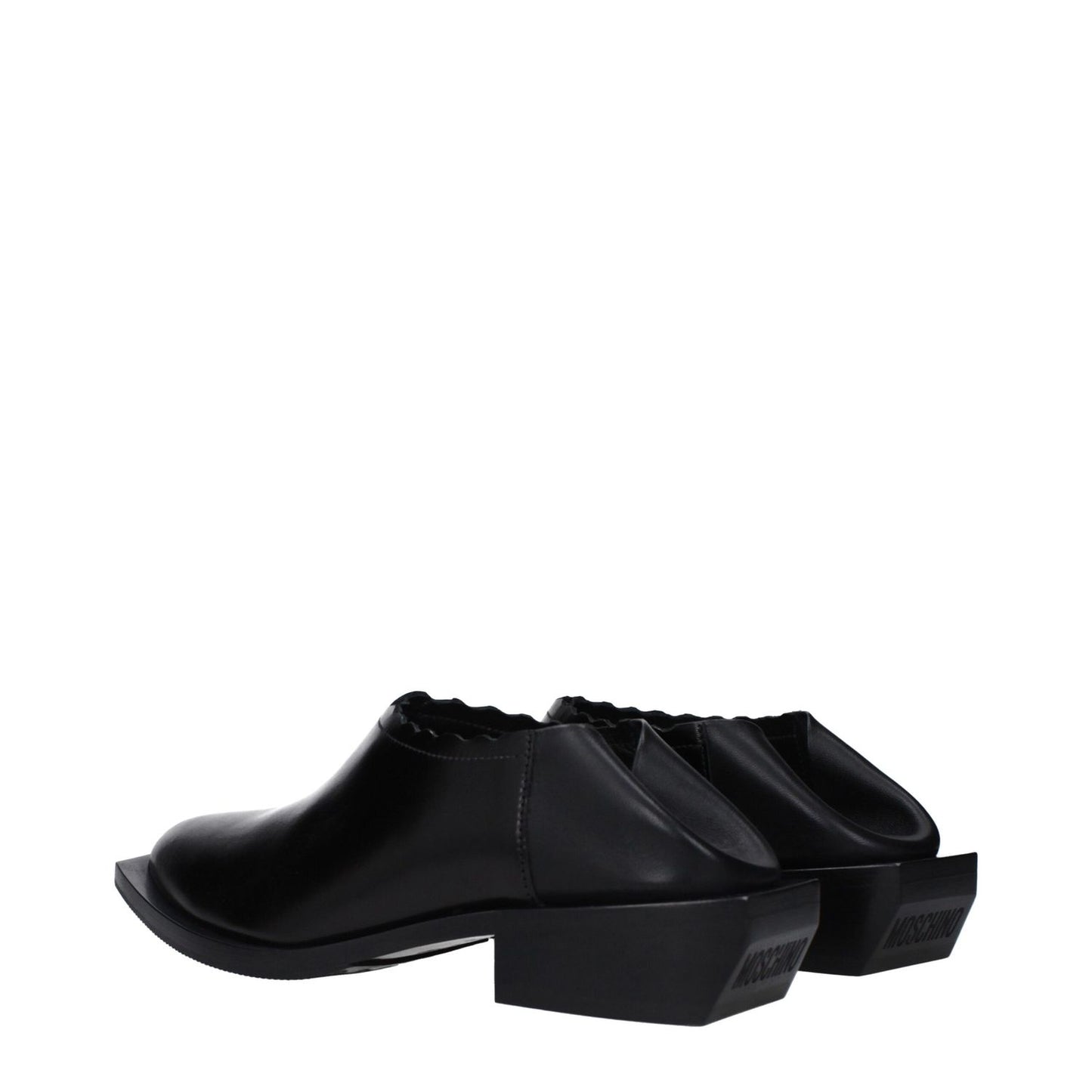 Moschino Black Leather Mules with rubber sole, pointy toe, and mid heel of 3.5 cm, style MA10514M0LMD5000, casual loafers design.