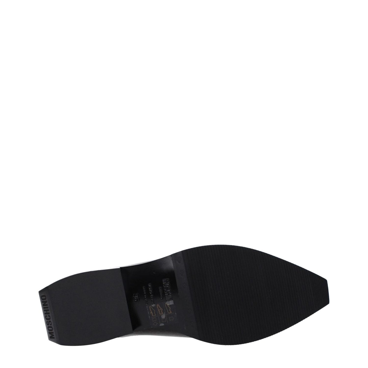 Sole view of Moschino Black Leather Mules with rubber sole and pointy toe.