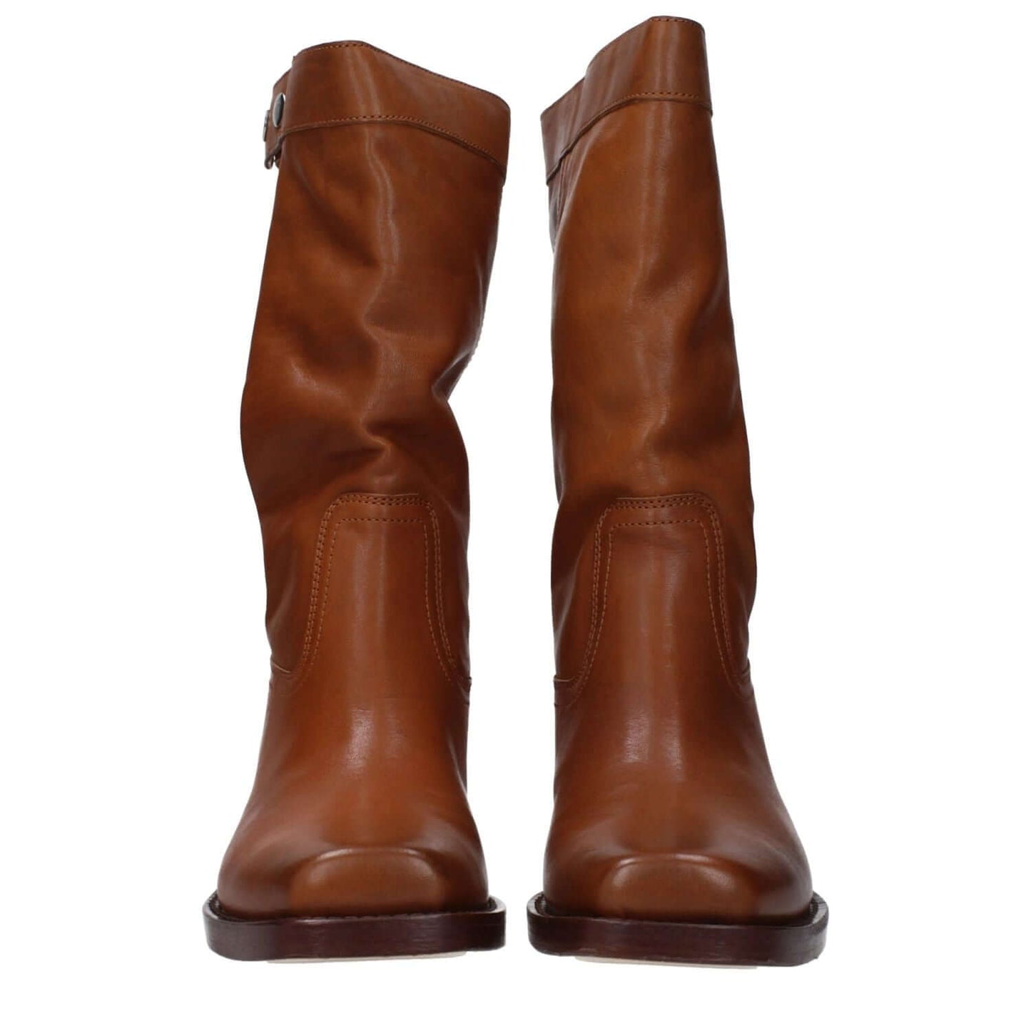 Isabel Marant Brown Leather Ankle Boots with vintage effect and button closure, featuring a square toe and mid heels.