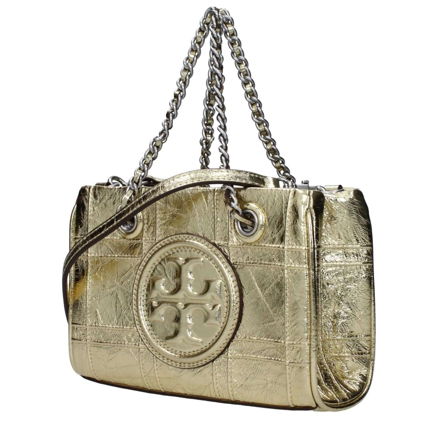 Tory Burch Gold Leather Handbag with metallic effect, front logo, adjustable and removable shoulder strap, mini size, magnetic closure