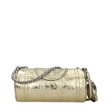 Tory Burch Gold Leather Shoulder Bag with metallic effect, front logo, adjustable strap, and zip closure, perfect for casual style.