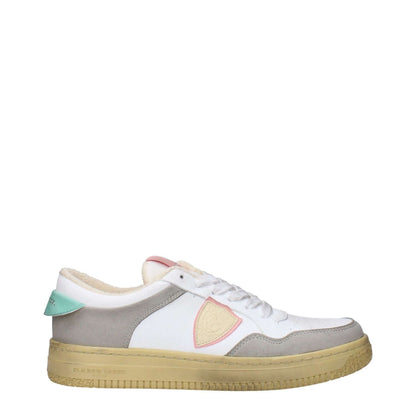 Alt Tag: Philippe Model White Leather Low Top Sneakers with vintage and aged effect featuring front, back, side logos and teal accent.