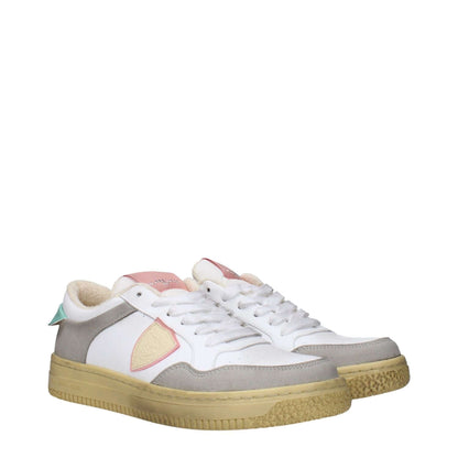Philippe Model White Leather Low Top Sneakers with logos and vintage effect, lace-up closure, round toe, and teal accents.