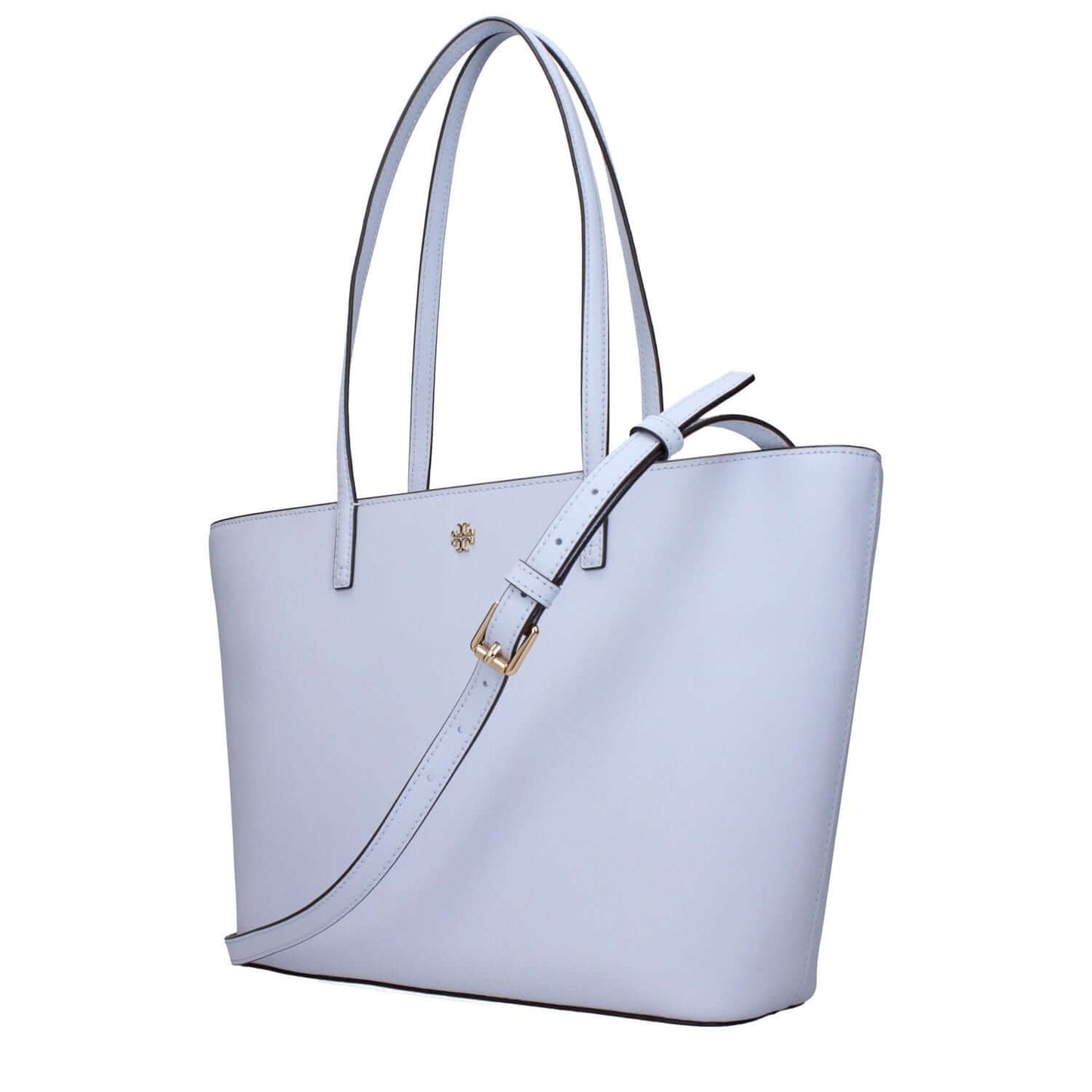 Tory Burch Light Blue Leather Shoulder Bag with front logo and adjustable, removable strap.