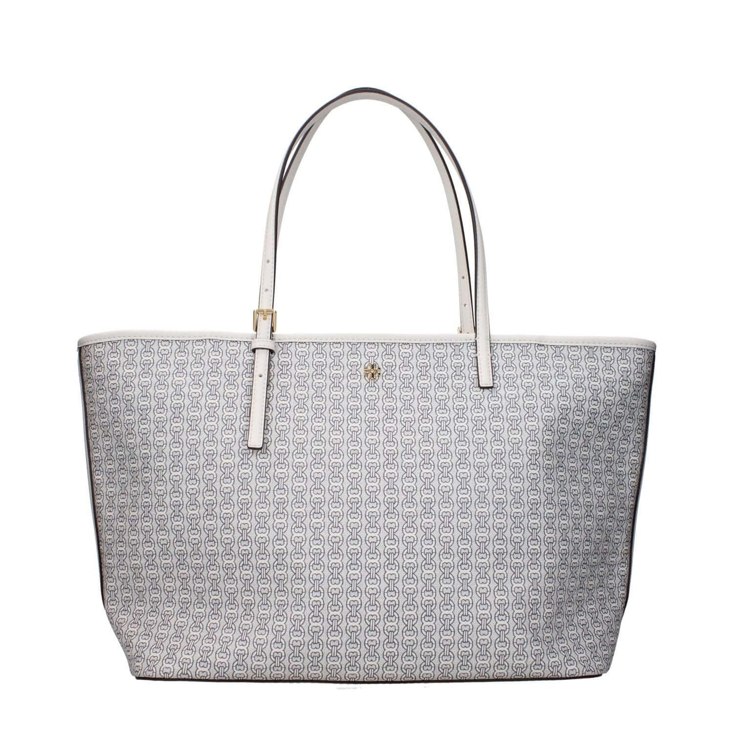 Patterned tote bag with adjustable handles and front logo detailing.