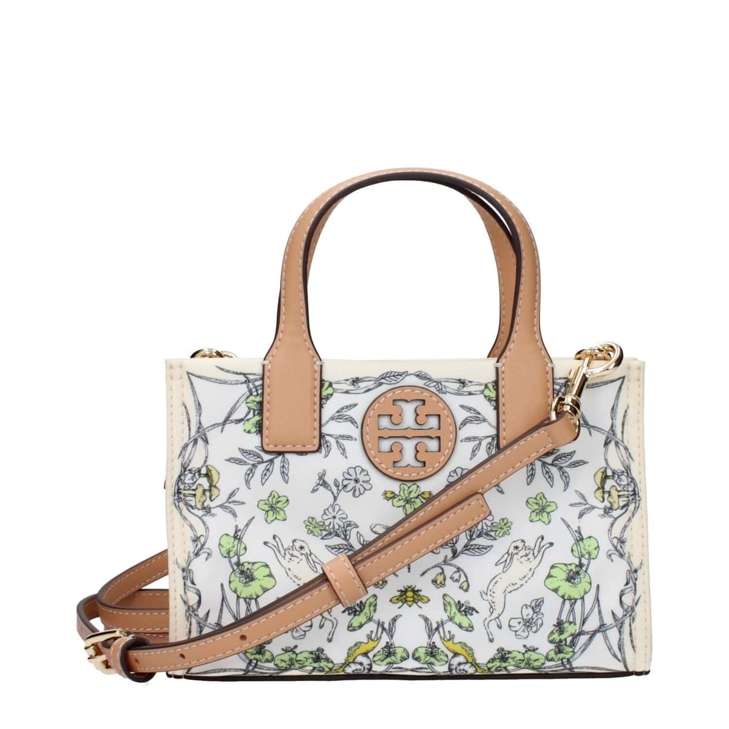 Tory Burch Beige Fabric Handbag with floral pattern, front logo, adjustable and removable shoulder straps.
