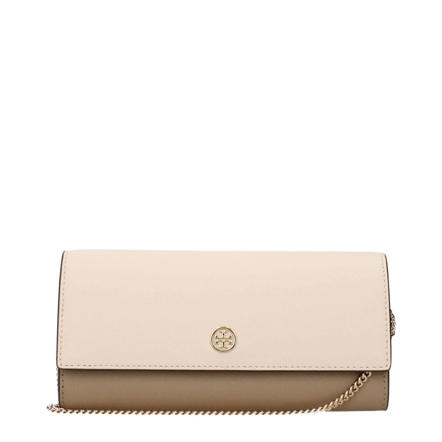 Tory Burch Beige Leather Clutch Bag with front logo and removable shoulder strap