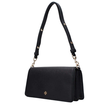 Tory Burch Black Leather Shoulder Bag with front logo, divider inner pocket, and adjustable removable handle.