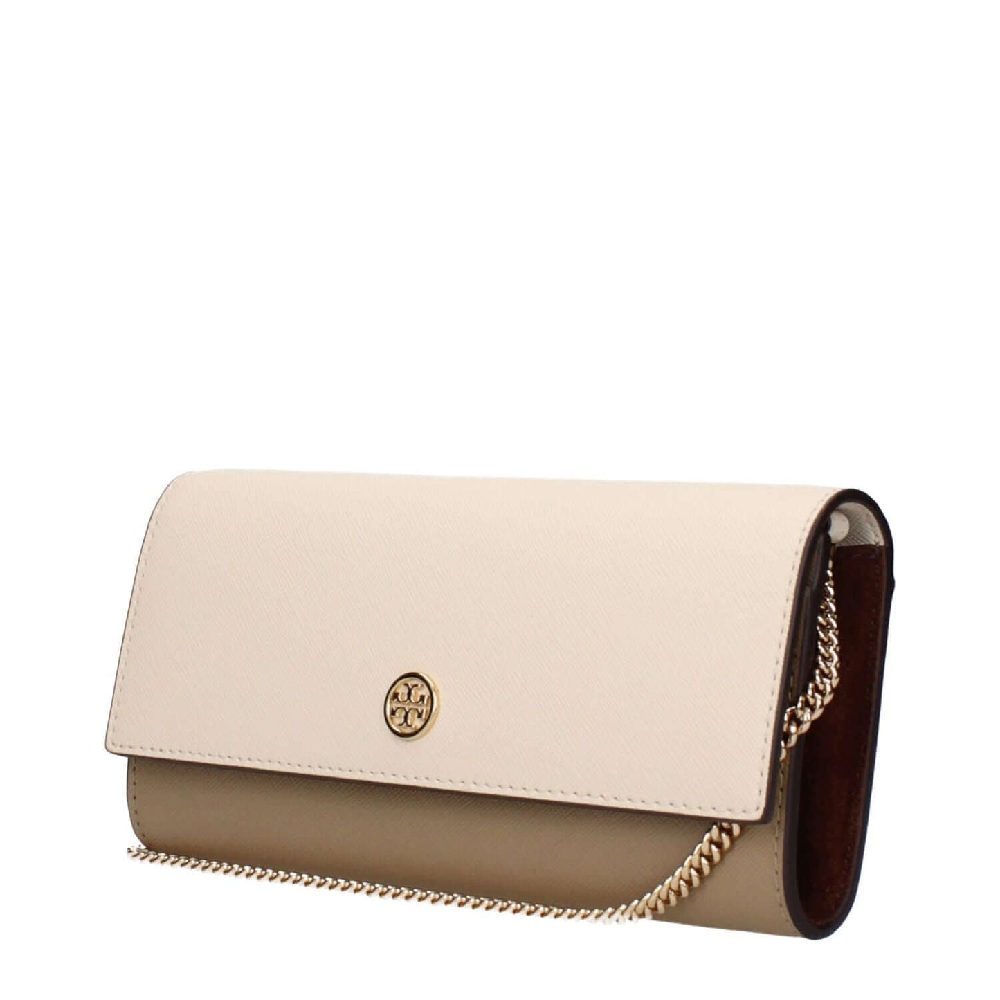 Tory Burch Beige Leather Clutch Bag with front logo and removable shoulder chain.