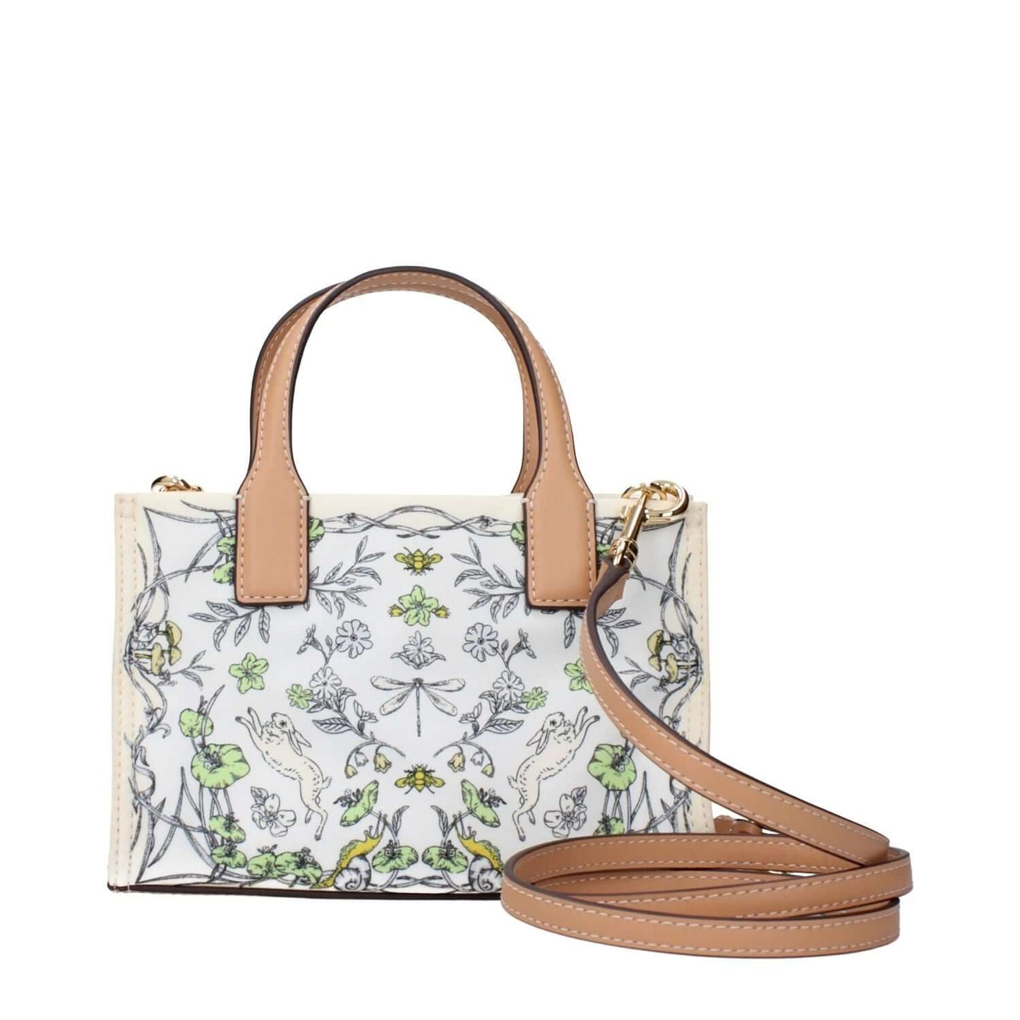 Tory Burch Beige Fabric Handbag with floral design, featuring adjustable removable shoulder strap and front logo.
