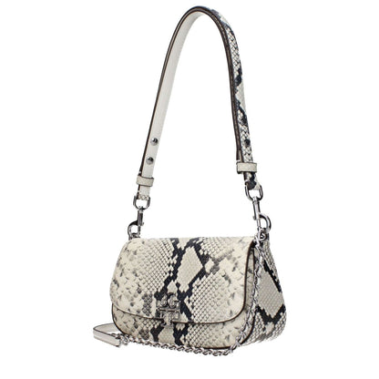 Tory Burch White Leather Shoulder Bag with snakeskin pattern, front logo, adjustable and removable handles, and chain detail.