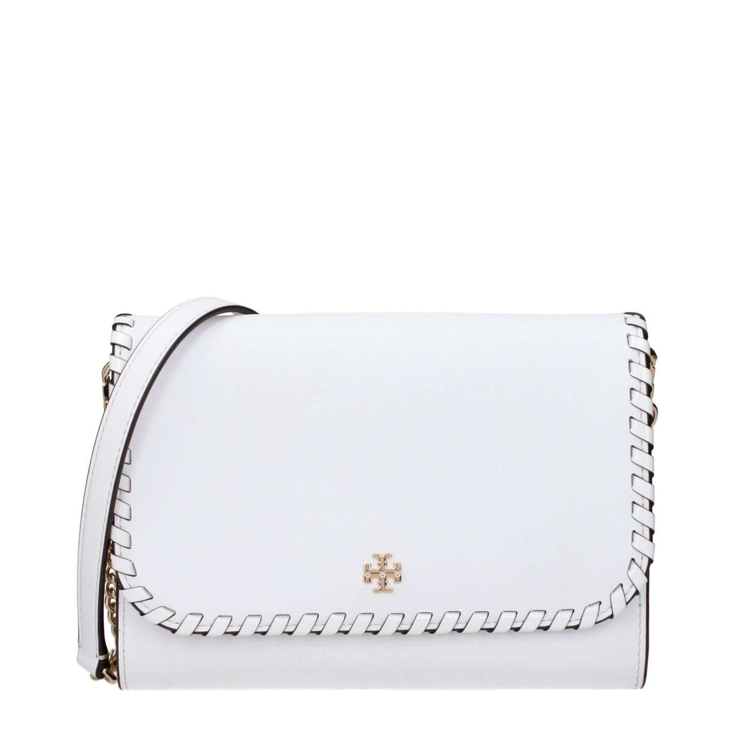 Tory Burch White Leather Clutch Bag with front logo and removable shoulder strap, featuring a vintage effect design.