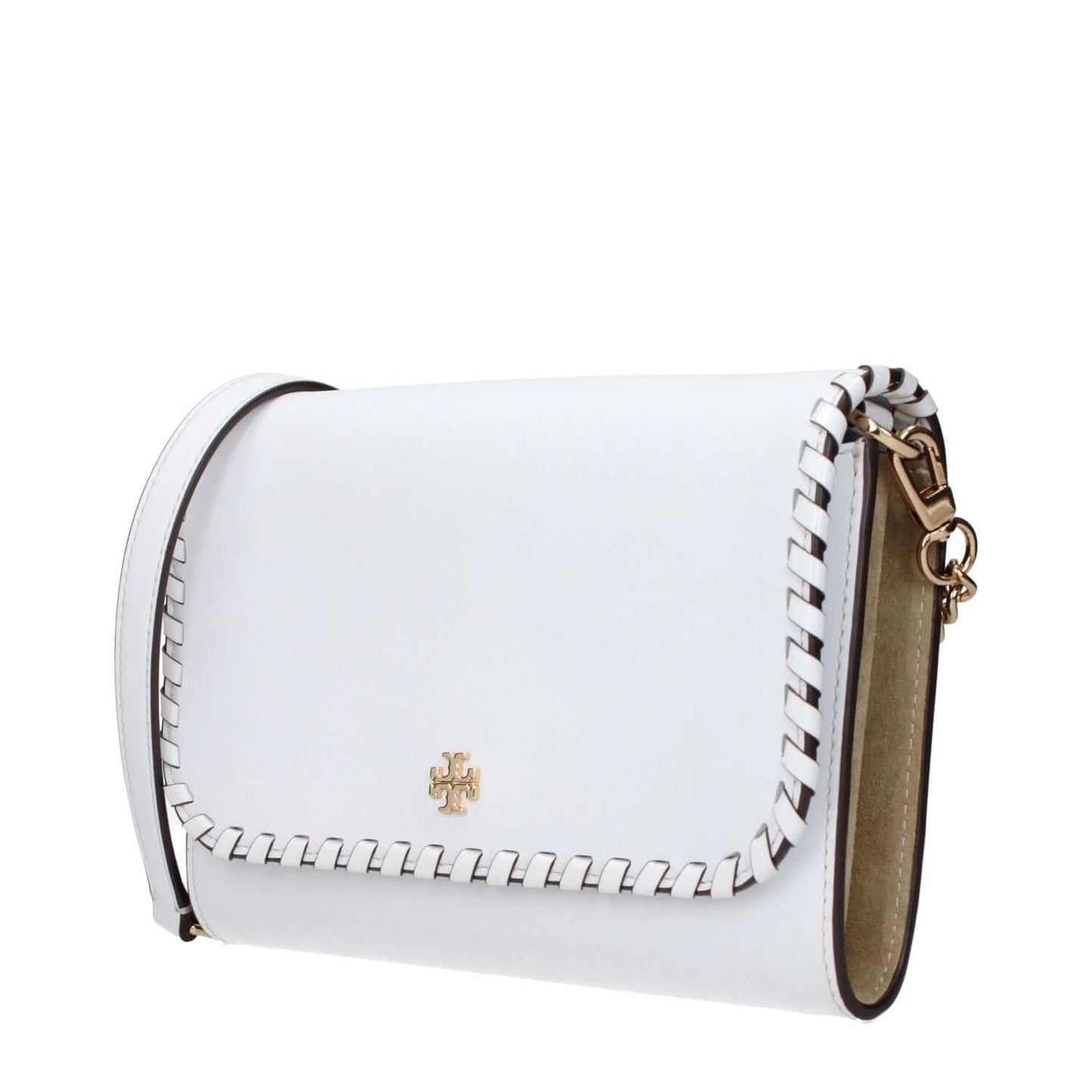 Tory Burch White Leather Clutch Bag with front logo and removable strap, featuring a vintage effect design.