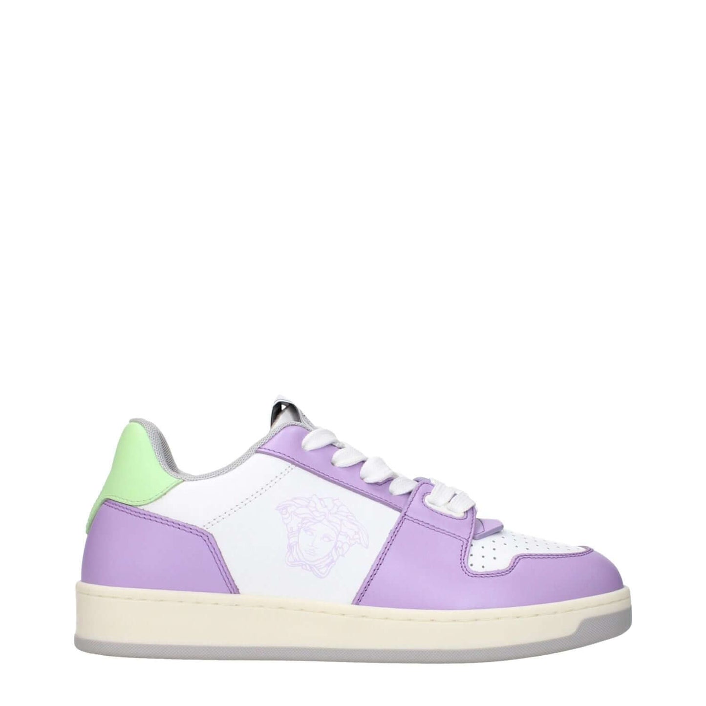Versace White Leather Low Top Sneakers with lilac accents, featuring front logo, lace-up closure, and rubber sole. Casual style.