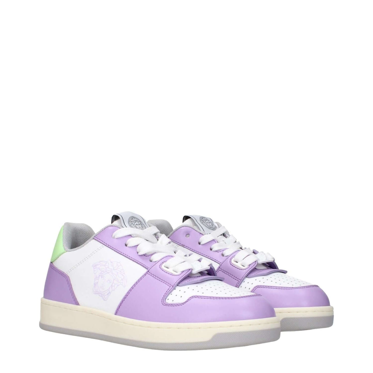 Versace White Leather Low Top Sneakers with lilac accents, lace-up closure, rubber sole, and multiple logo placements.