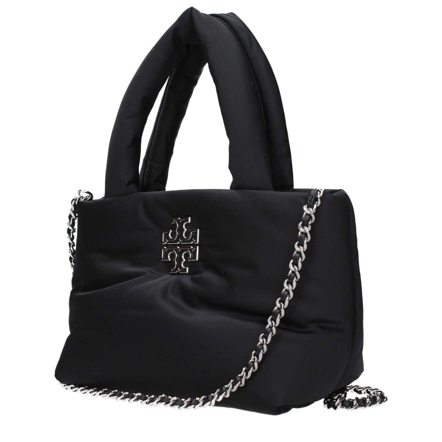Tory Burch Black Fabric Handbag with silver chain and logo, adjustable and removable shoulder strap, model MPN 170317001.