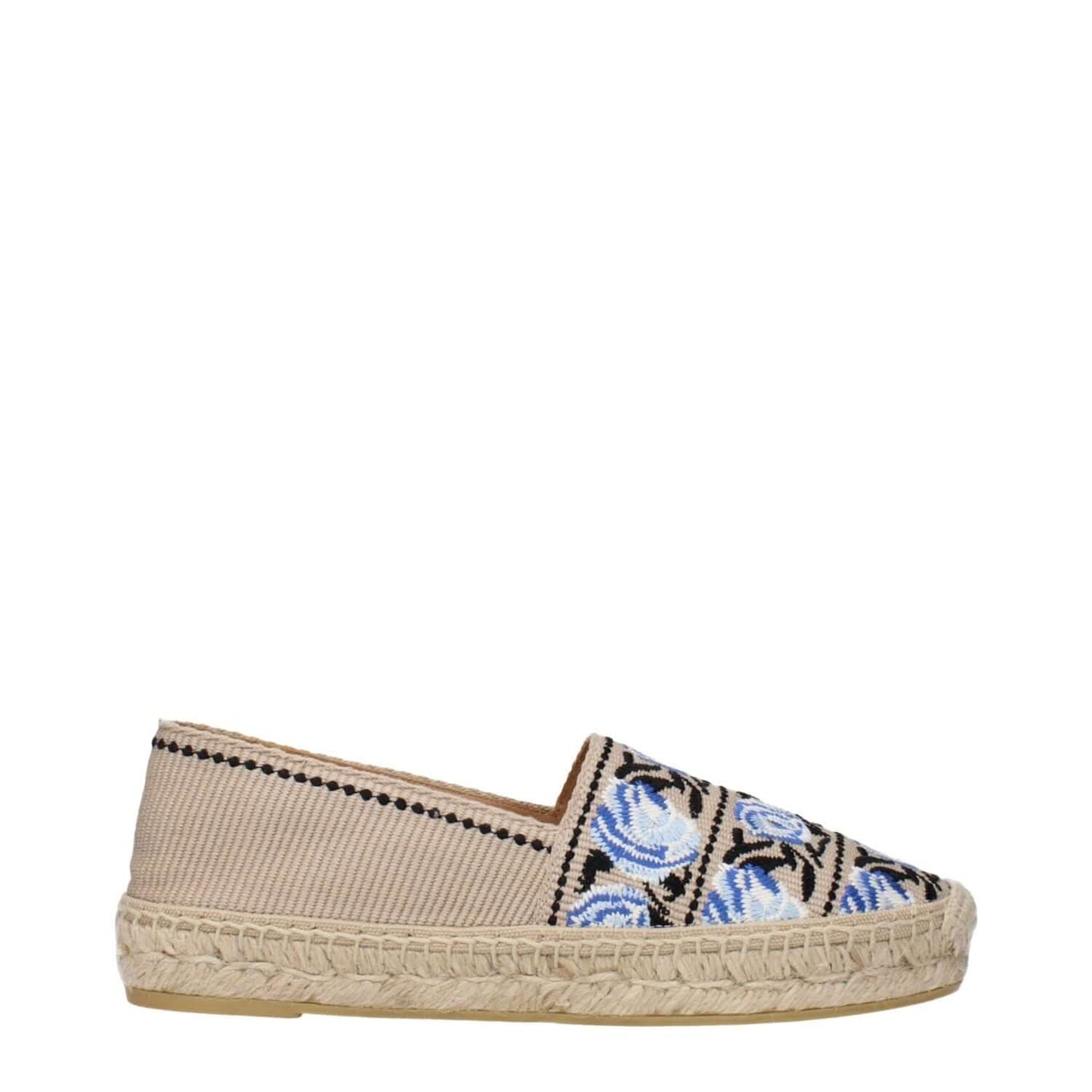 Side view of Prada Beige Fabric Espadrilles with blue and black print design on a beige background.