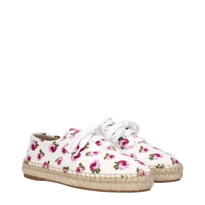 Prada White Fabric Espadrilles with floral design, featuring a front logo and espadrille sole.