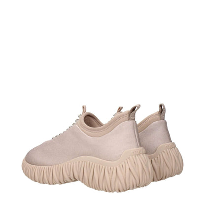 Miu Miu Beige Fabric Sneakers featuring rhinestone embellishments and back logo. Stylish design and comfortable sole.