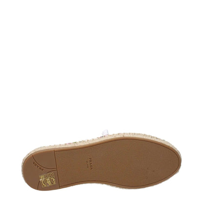 Sole view of Prada White Fabric Espadrilles showcasing logo and design features for women's fashion.